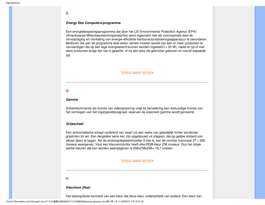 Philips 240BW8 user manual Energy Star Computers-programma, Gamma, Grijsschaal, Kleurtoon Hue 