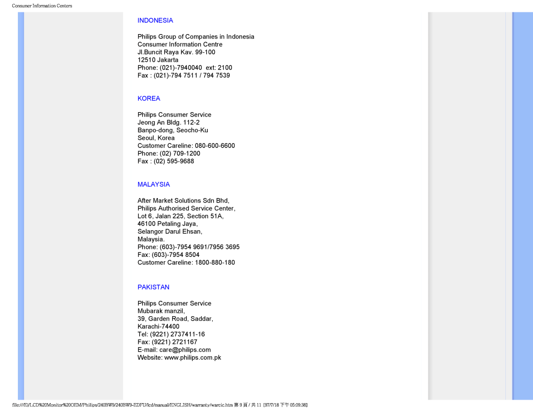 Philips 240BW9-EDFU user manual Indonesia, Korea, Malaysia, Pakistan 