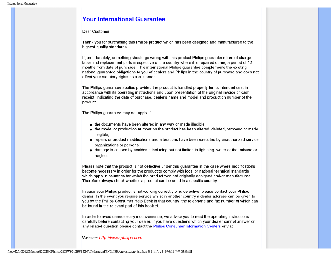 Philips 240BW9-EDFU user manual Your International Guarantee 