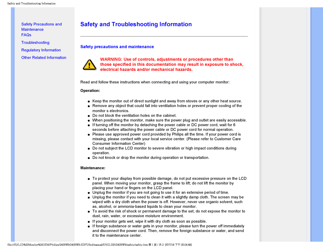 Philips 240BW9 Safety and Troubleshooting Information, Safety precautions and maintenance, Operation, Maintenance 