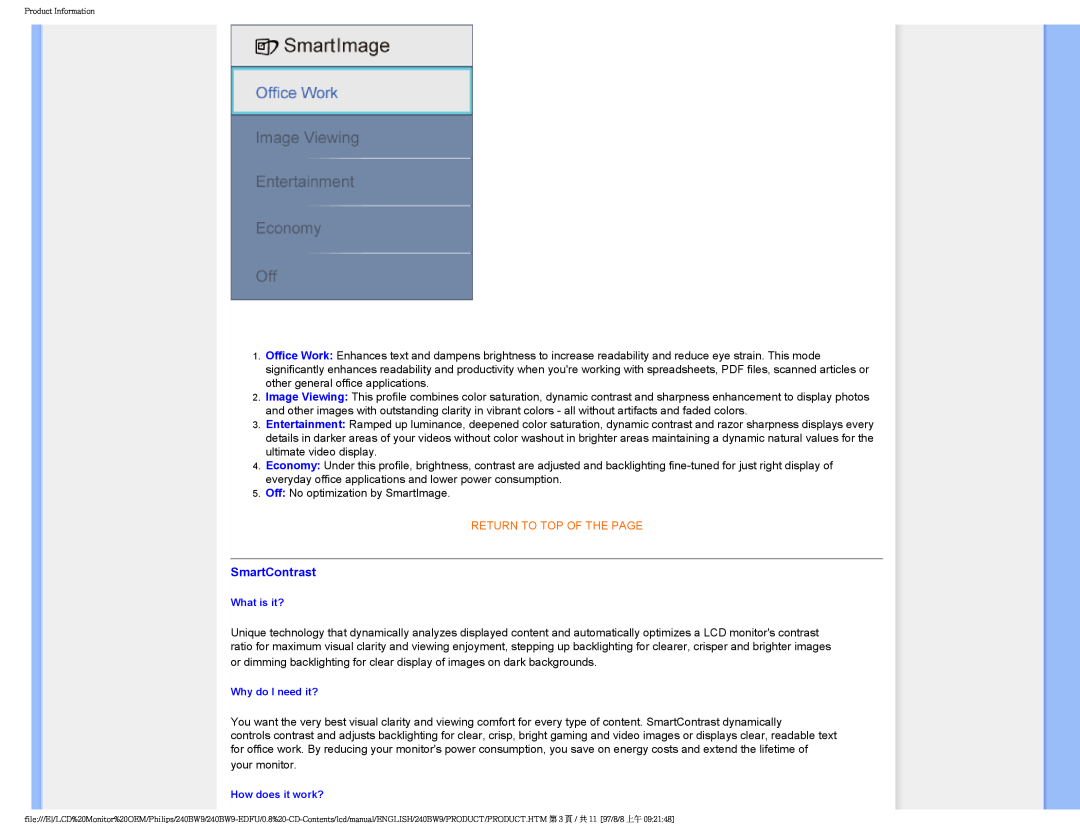 Philips 240BW9-EDFU user manual SmartContrast, Return To Top Of The Page 