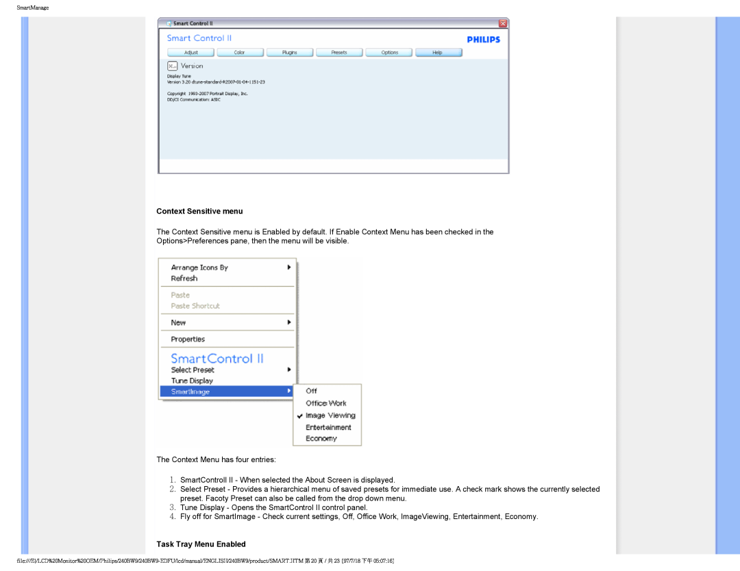Philips 240BW9-EDFU user manual Context Sensitive menu, Task Tray Menu Enabled 