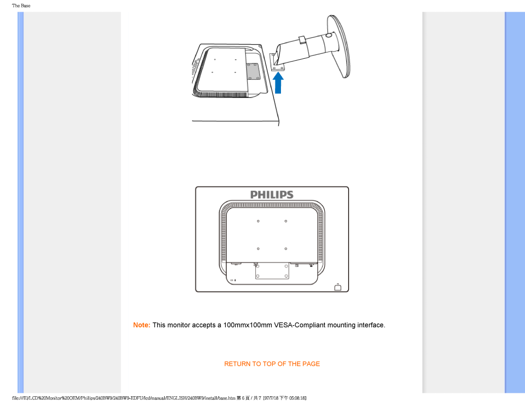 Philips 240BW9-EDFU user manual Return To Top Of The Page, The Base 