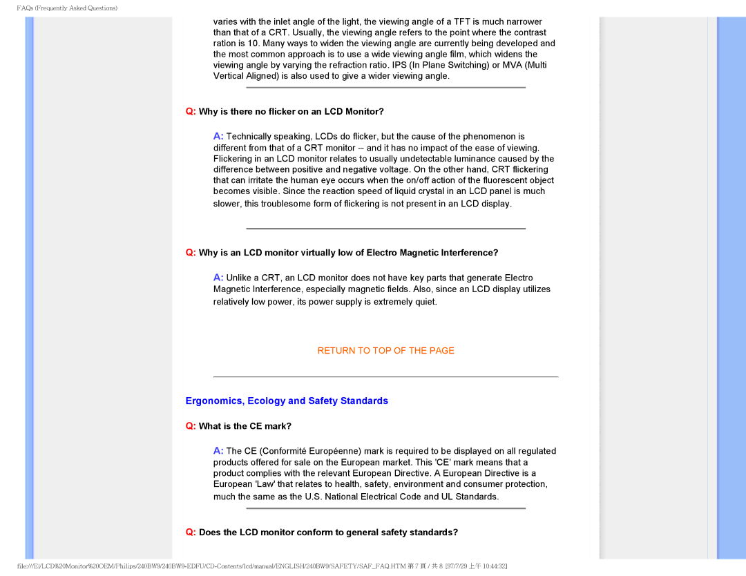 Philips 240BW9-EDFU user manual Ergonomics, Ecology and Safety Standards, Why is there no flicker on an LCD Monitor? 