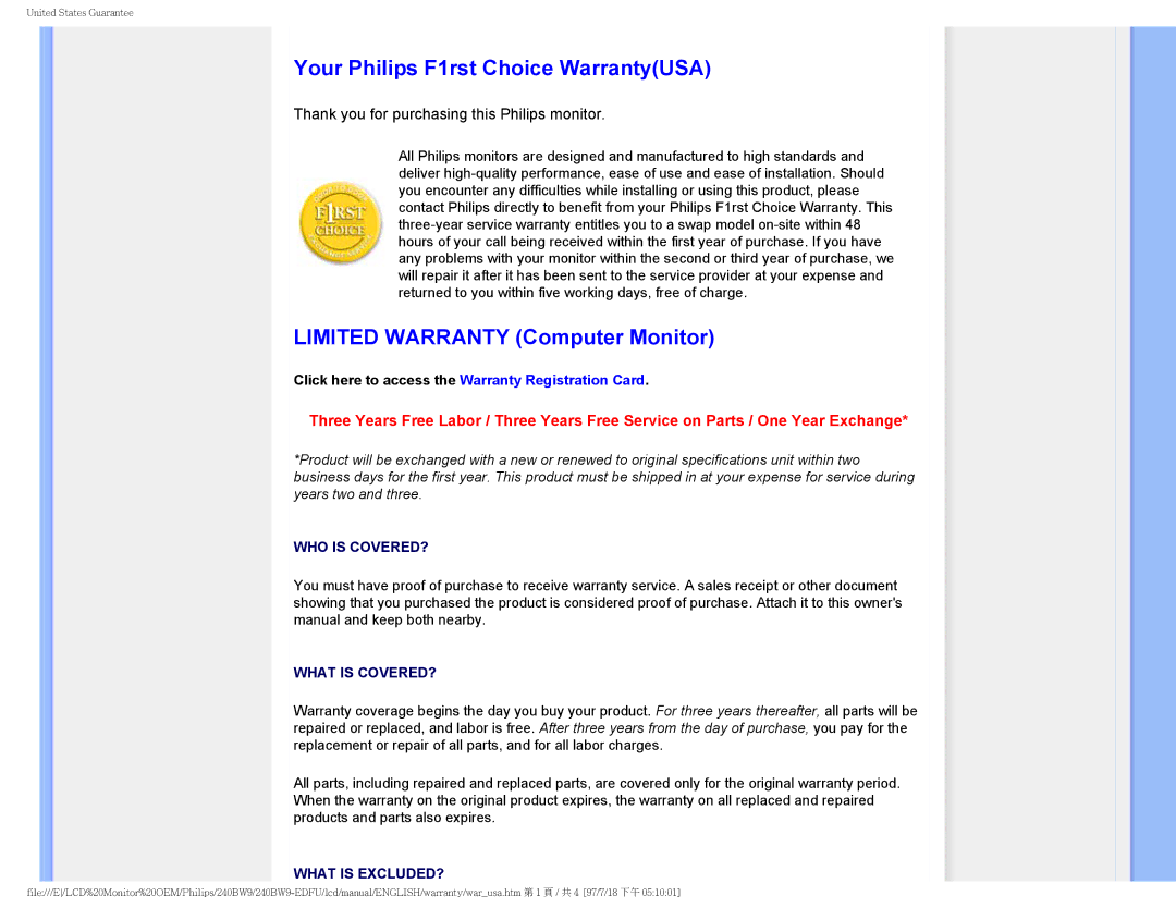 Philips 240BW9-EDFU user manual Your Philips F1rst Choice WarrantyUSA, Limited Warranty Computer Monitor 
