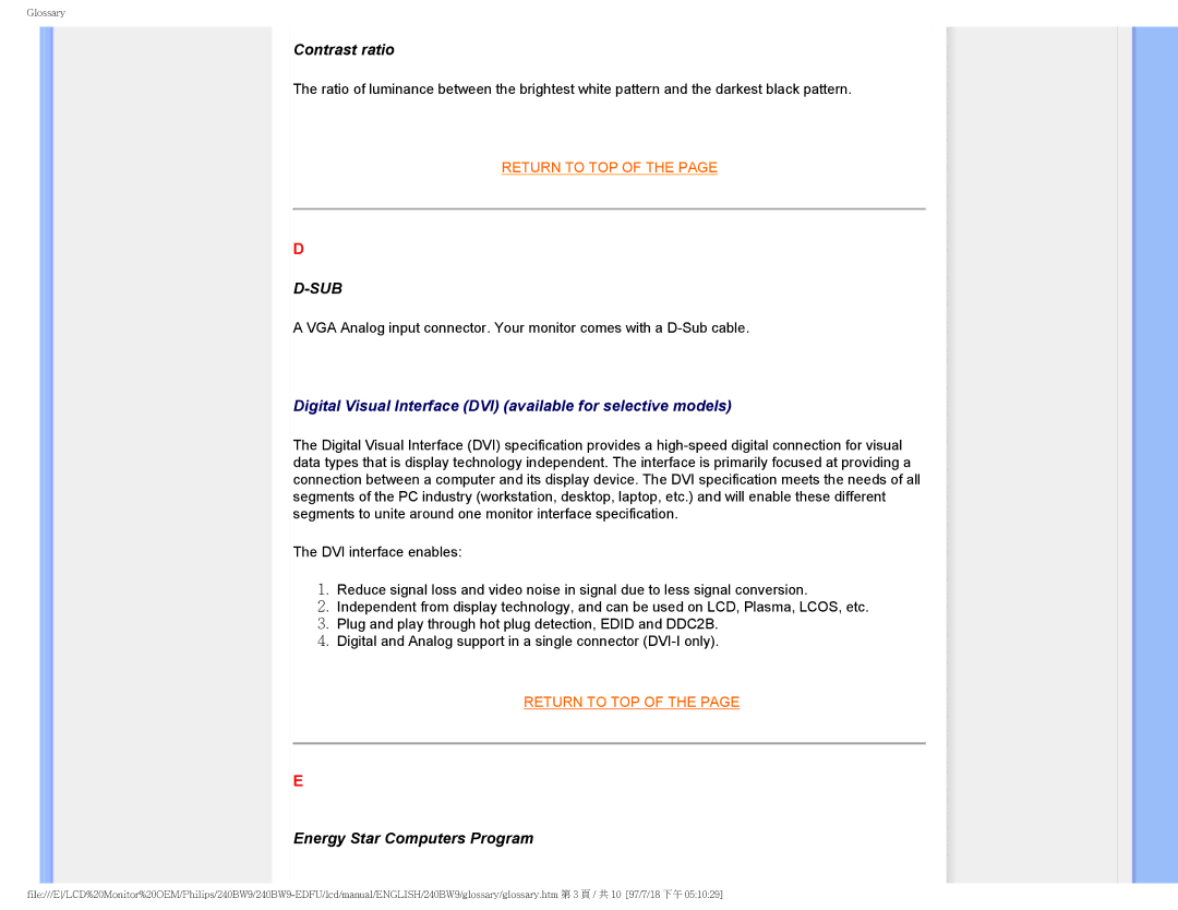 Philips 240BW9-EDFU user manual Contrast ratio, Energy Star Computers Program 