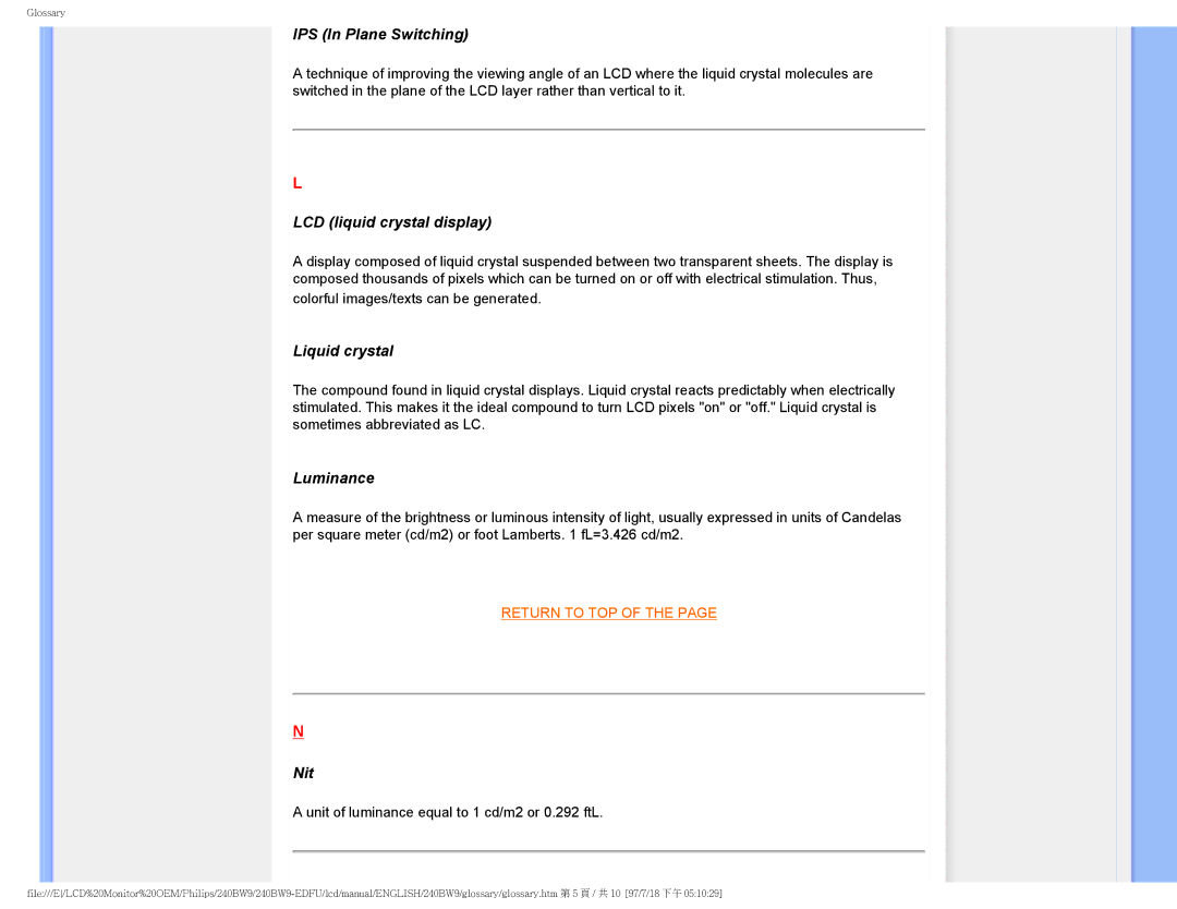 Philips 240BW9-EDFU user manual IPS In Plane Switching, LCD liquid crystal display, Liquid crystal, Luminance, Nit 