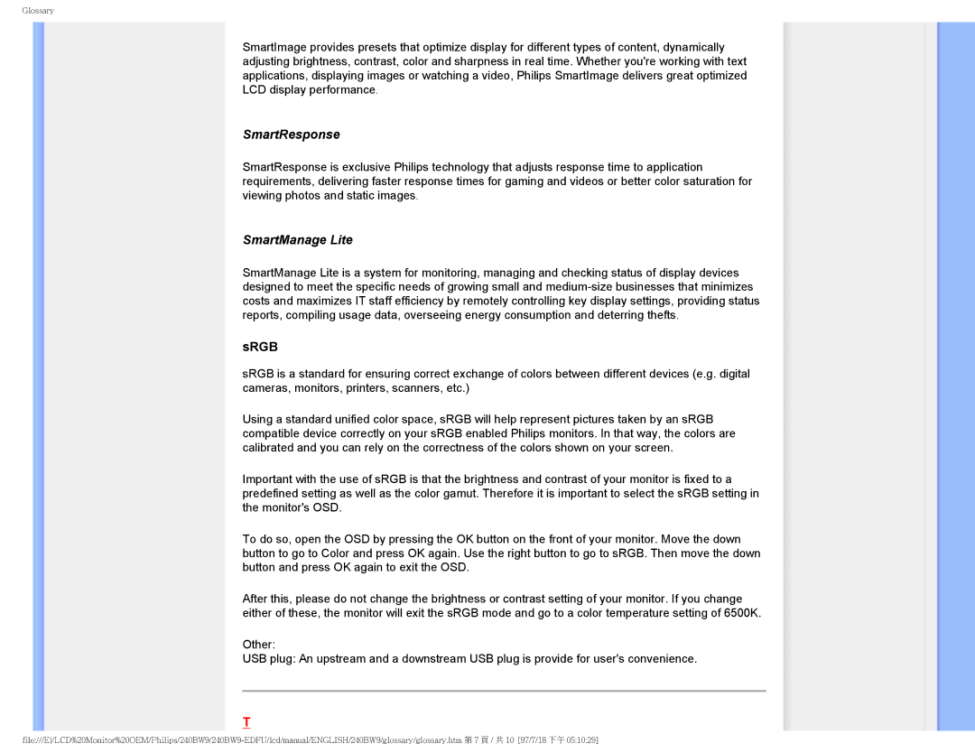 Philips 240BW9-EDFU user manual SmartResponse, SmartManage Lite 