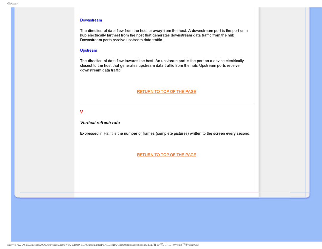 Philips 240BW9-EDFU user manual Vertical refresh rate, Downstream 