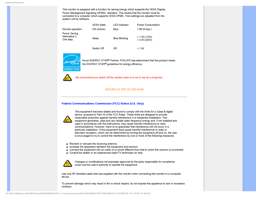 Philips 240BW9-EDFU user manual Federal Communications Commission FCC Notice U.S. Only 