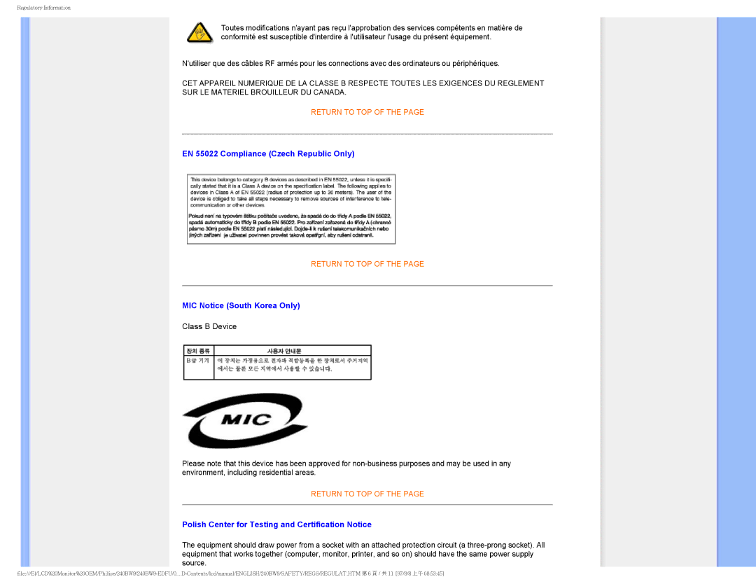 Philips 240BW9-EDFU user manual EN 55022 Compliance Czech Republic Only, MIC Notice South Korea Only 