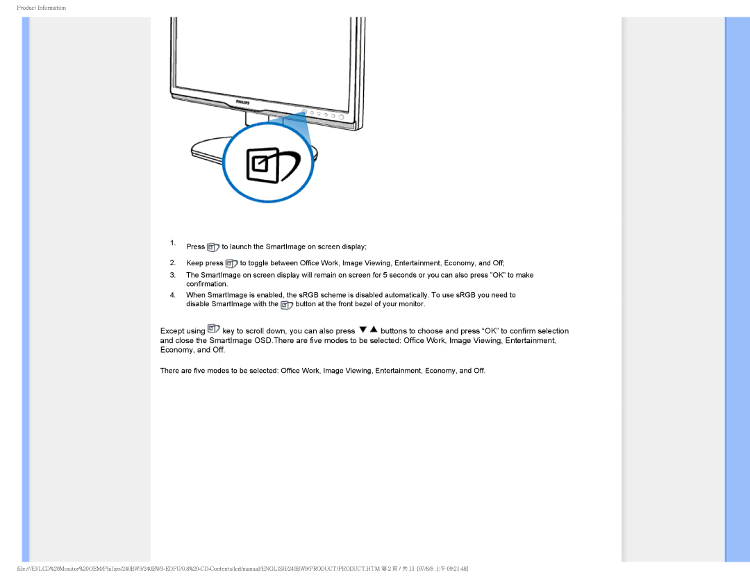 Philips 240BW9-EDFU user manual Product Information 