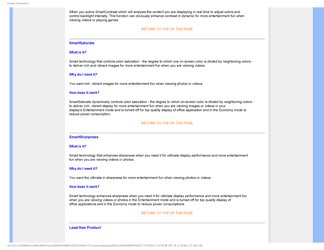 Philips 240BW9-EDFU user manual SmartSaturate 