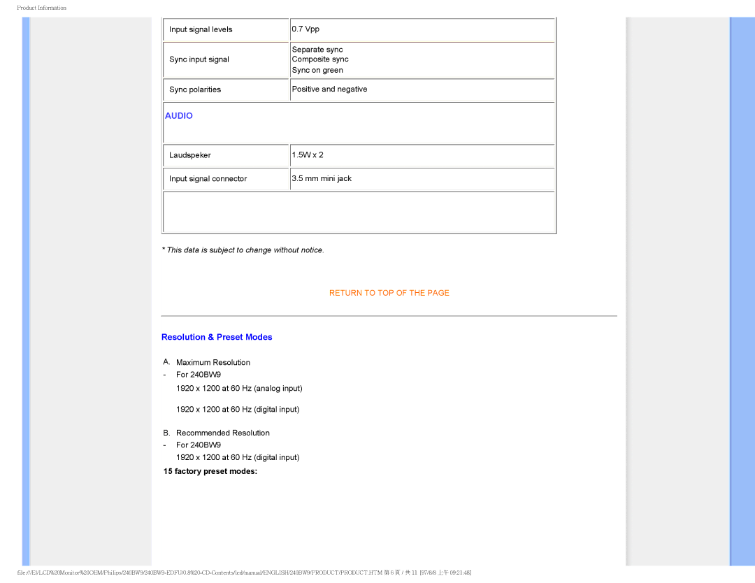 Philips 240BW9-EDFU user manual Audio 