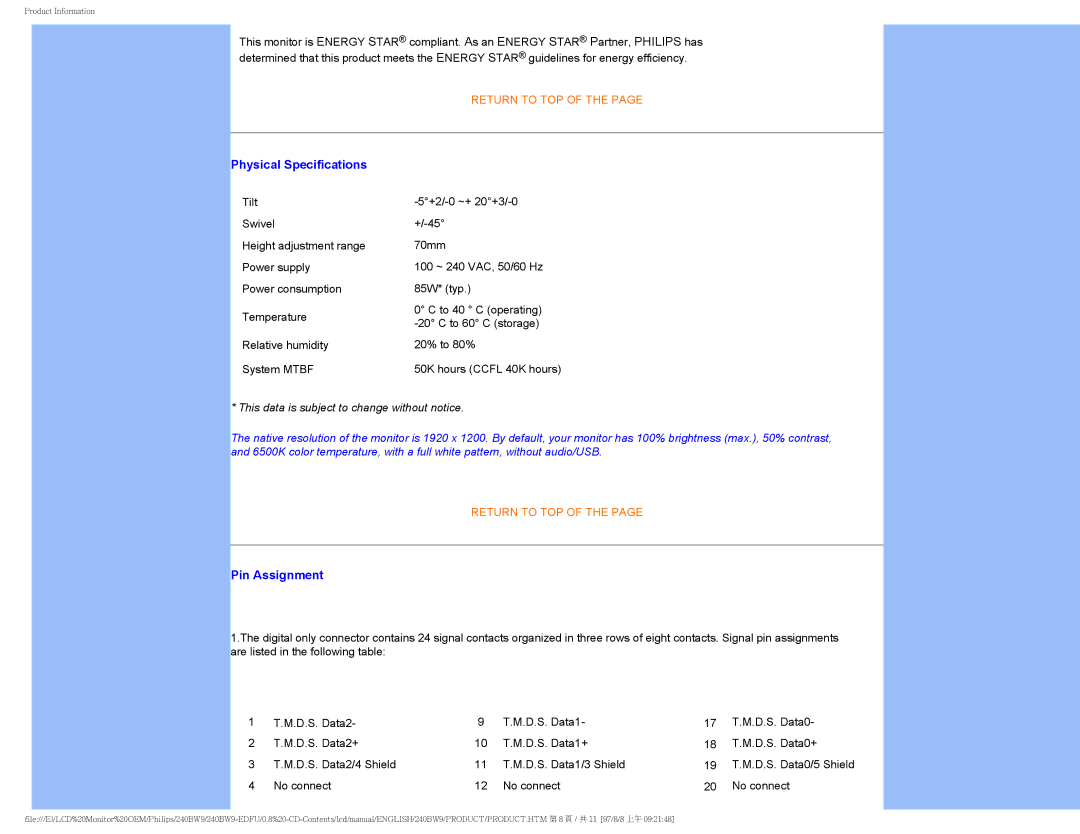 Philips 240BW9-EDFU user manual Physical Specifications 