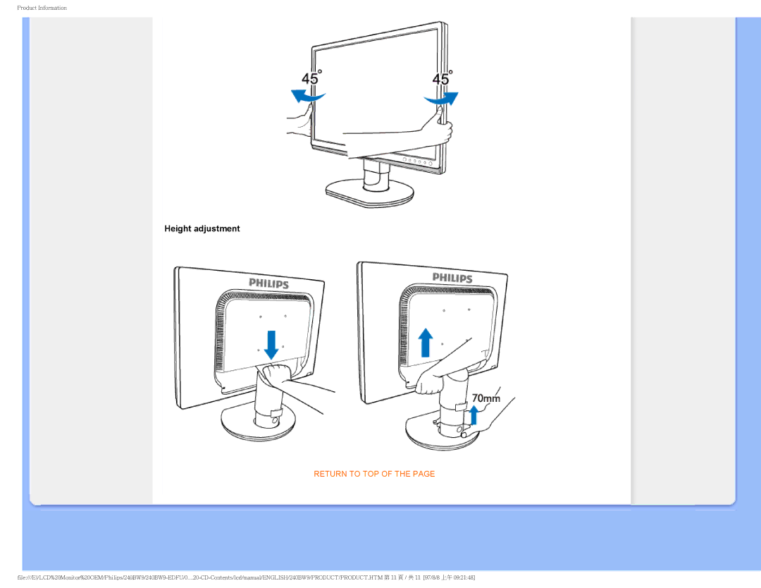 Philips 240BW9-EDFU user manual Height adjustment 