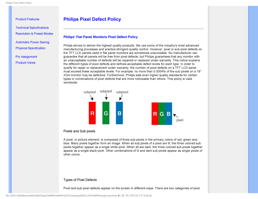 Philips 240BW9-EDFU user manual Philips Pixel Defect Policy, Philips Flat Panel Monitors Pixel Defect Policy 