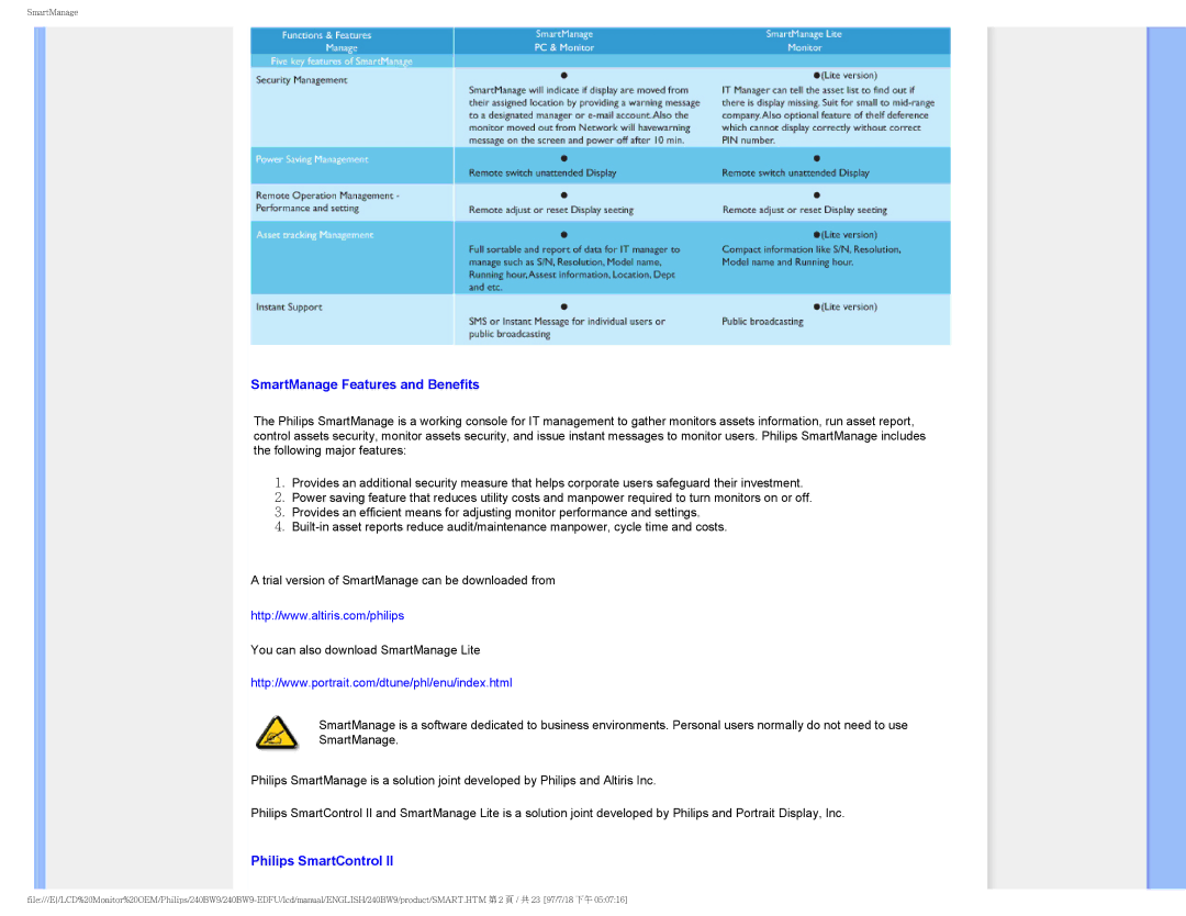 Philips 240BW9-EDFU user manual SmartManage Features and Benefits 