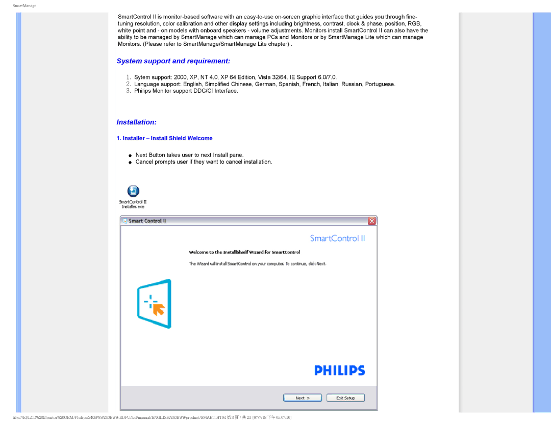 Philips 240BW9-EDFU user manual System support and requirement, Installer Install Shield Welcome 