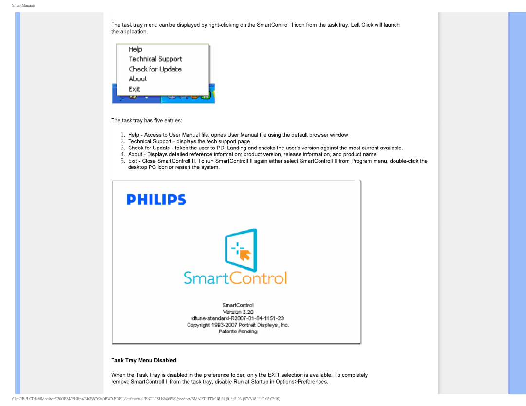 Philips 240BW9-EDFU user manual Task Tray Menu Disabled 