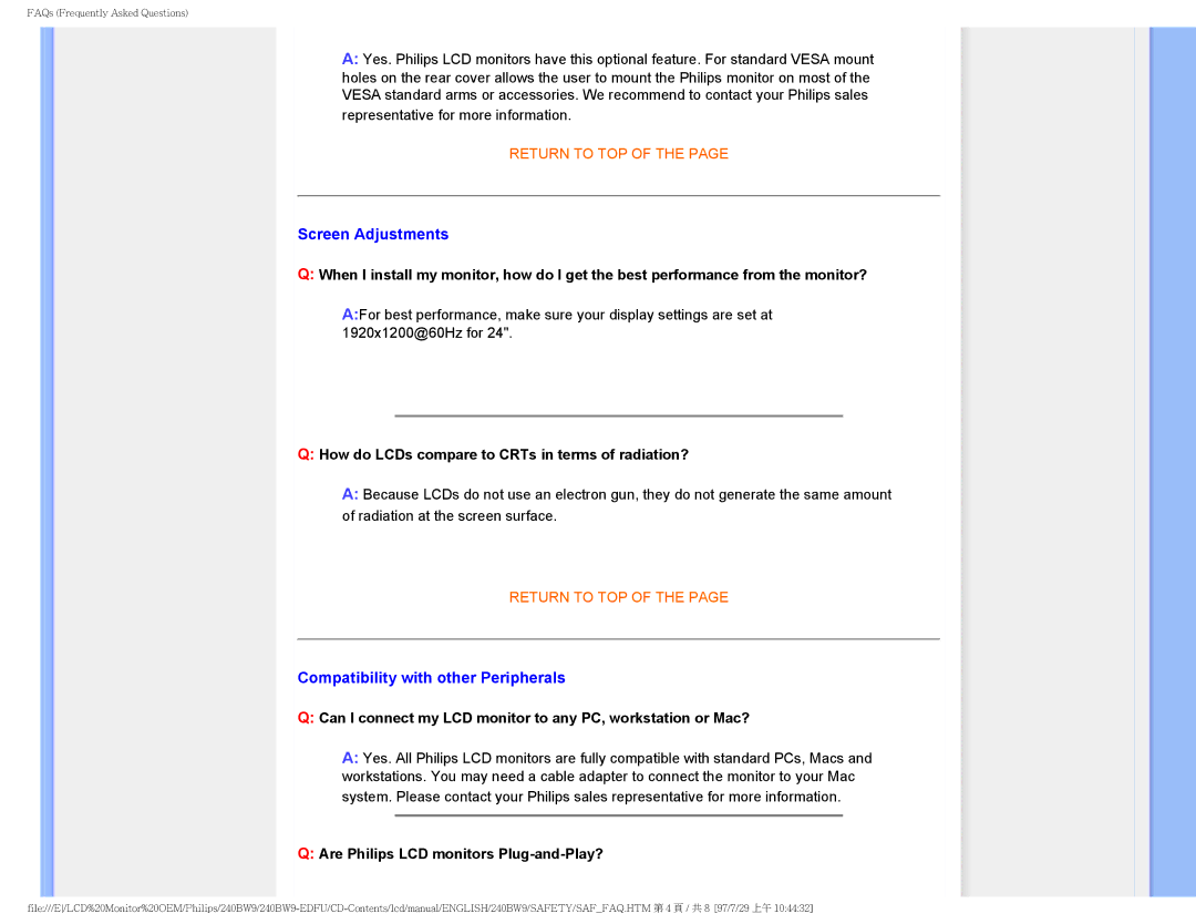 Philips 240BW9-EDFU user manual Screen Adjustments, Compatibility with other Peripherals 