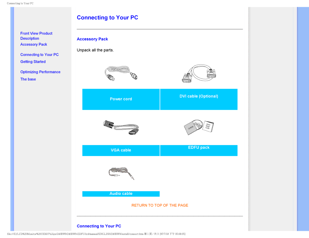 Philips 240BW9-EDFU user manual Connecting to Your PC, Accessory Pack 