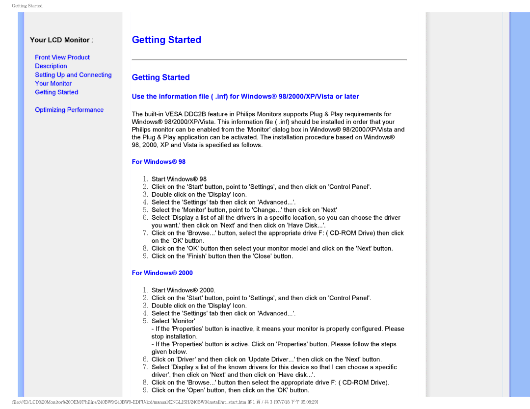 Philips 240BW9-EDFU user manual Getting Started, Your LCD Monitor 