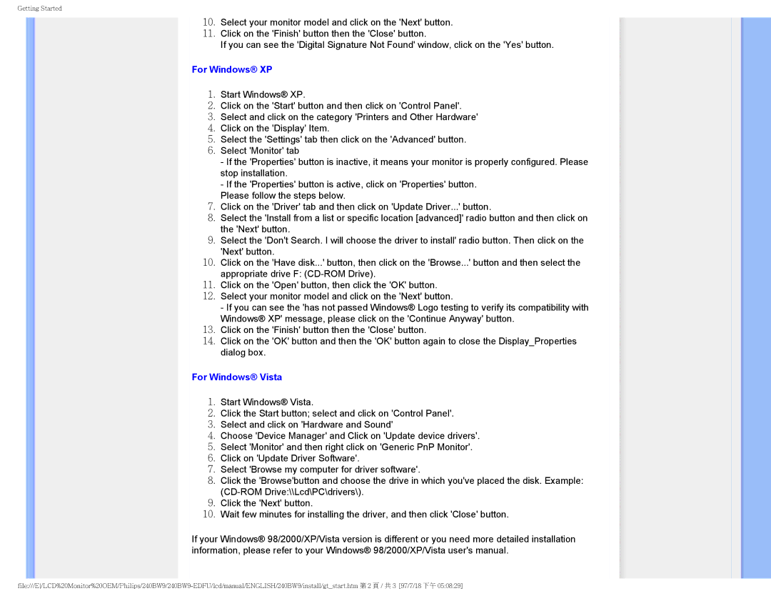 Philips 240BW9-EDFU user manual For Windows XP 