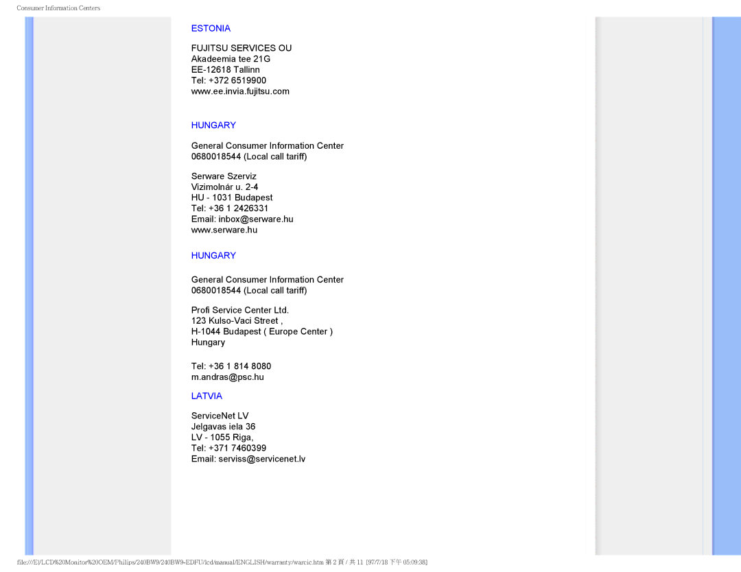 Philips 240BW9-EDFU user manual Estonia 