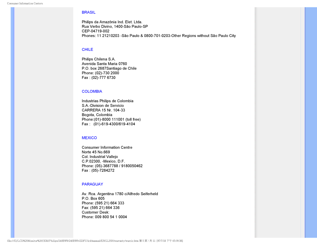 Philips 240BW9-EDFU user manual Chile 