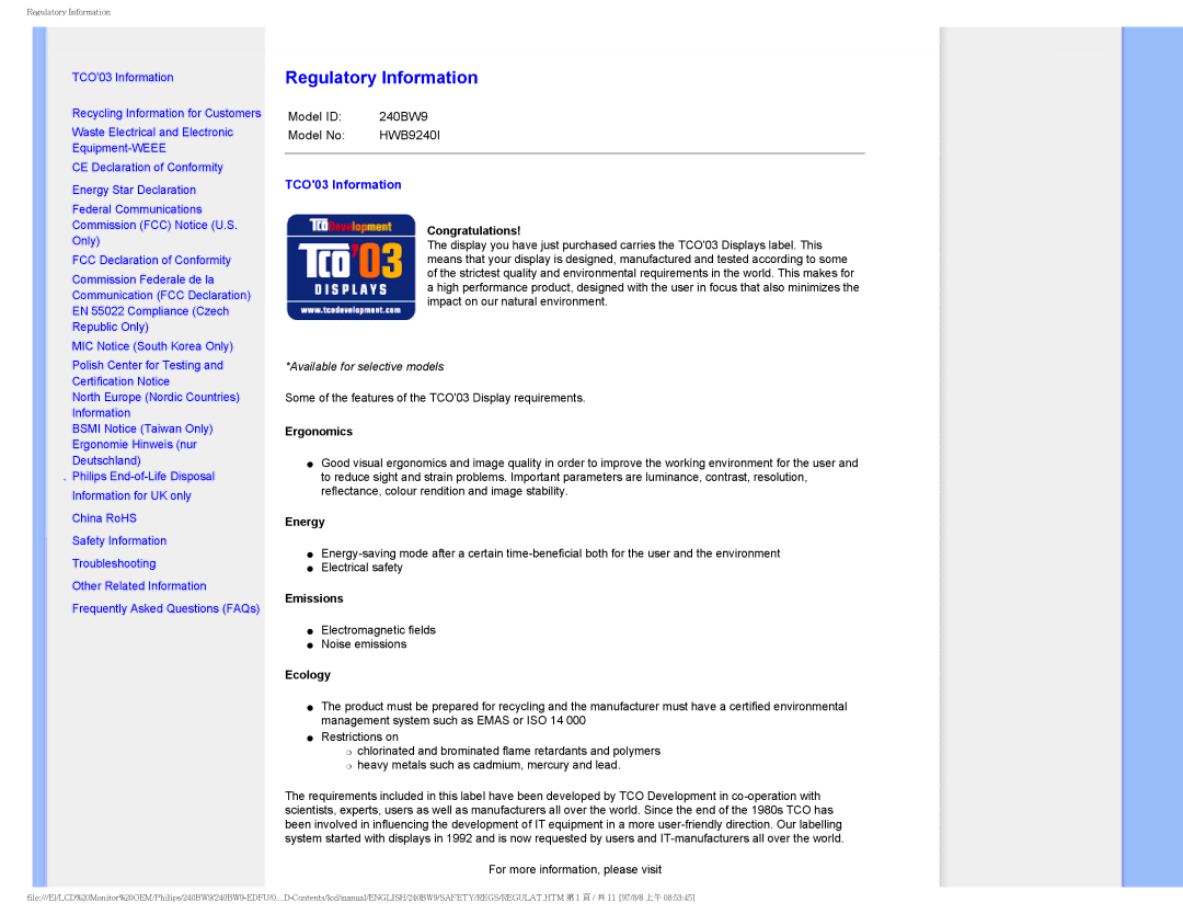 Philips 240BW9 user manual Regulatory Information, TCO03 Information 