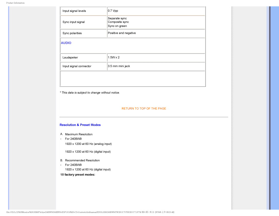 Philips 240BW9 user manual Audio 