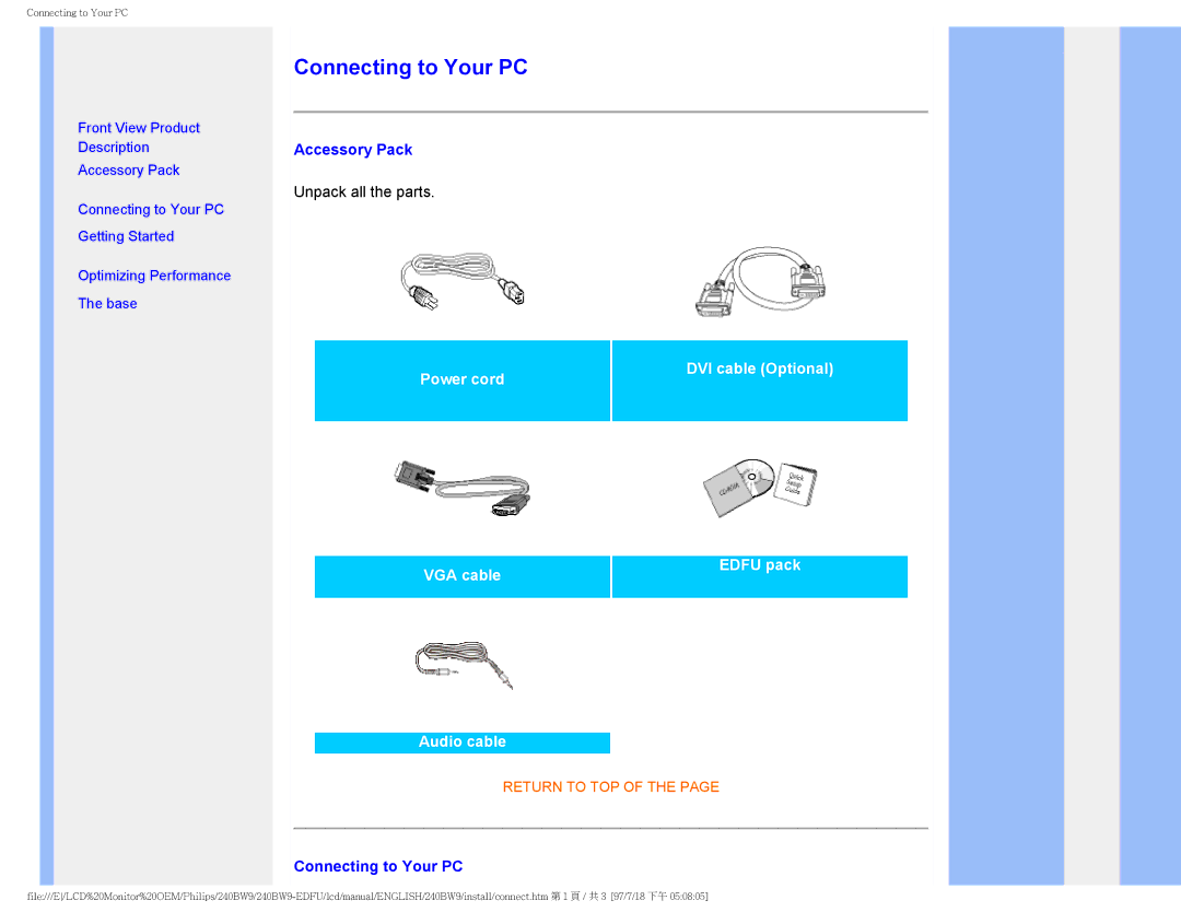 Philips 240BW9 user manual Connecting to Your PC, Accessory Pack 