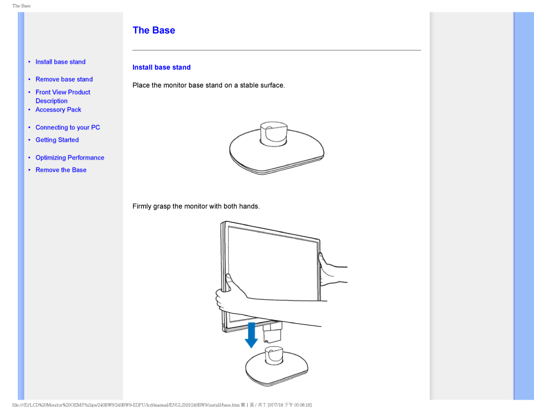 Philips 240BW9 user manual Base, Install base stand 