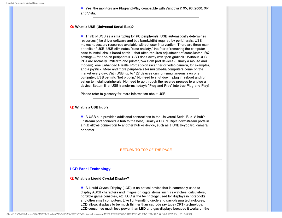 Philips 240BW9 user manual LCD Panel Technology, What is USB Universal Serial Bus? 