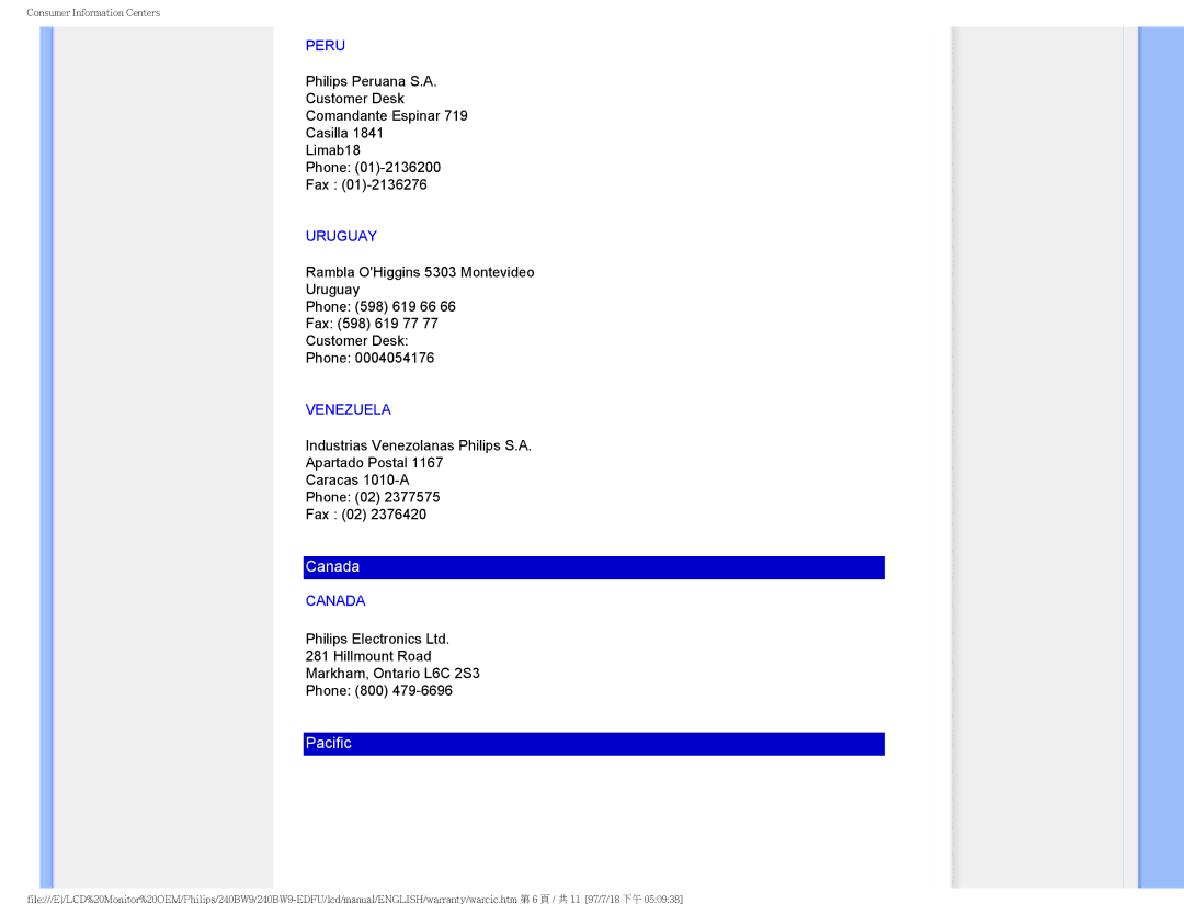 Philips 240BW9 user manual Canada 