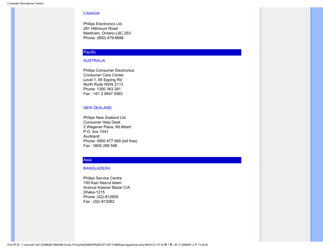 Philips 240BW9 user manual Canada, Australia, NEW Zealand, Bangladesh 