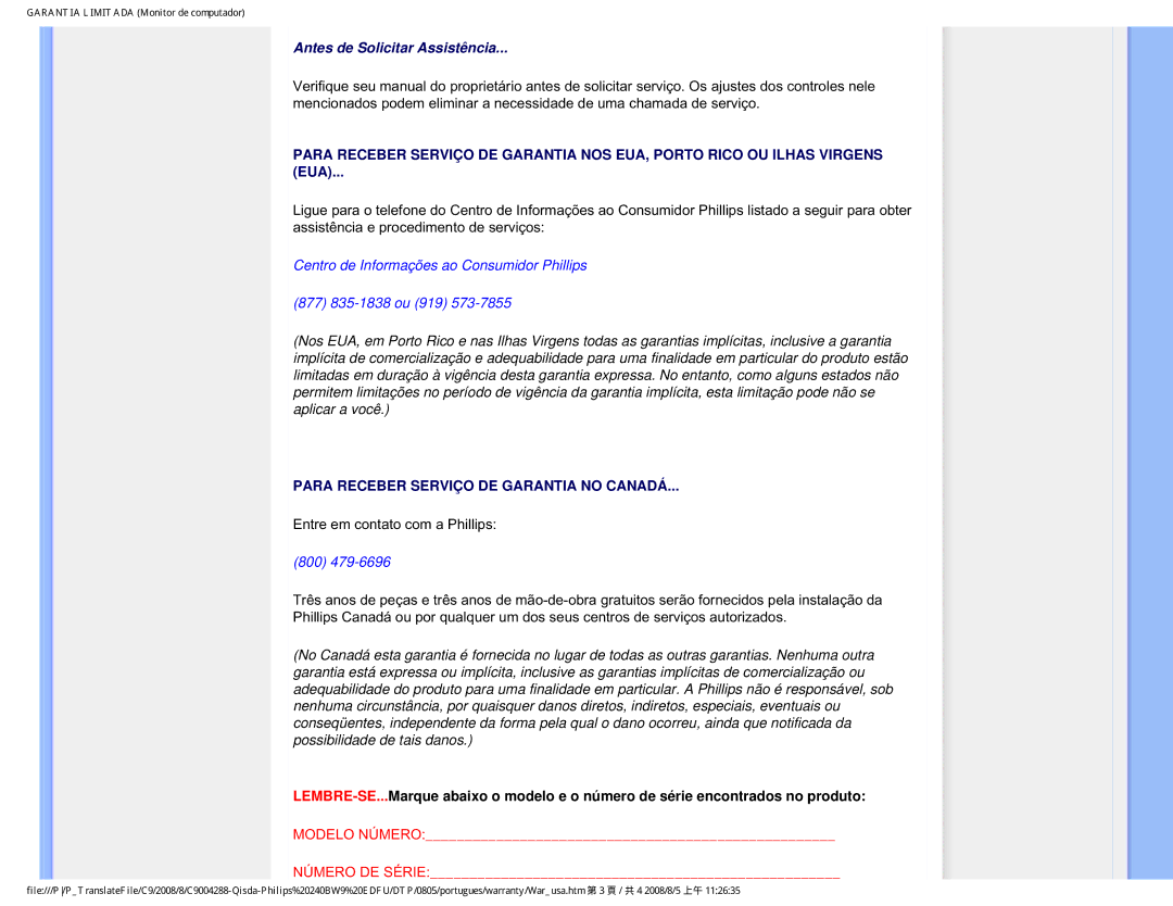 Philips 240BW9 user manual Antes de Solicitar Assistência 