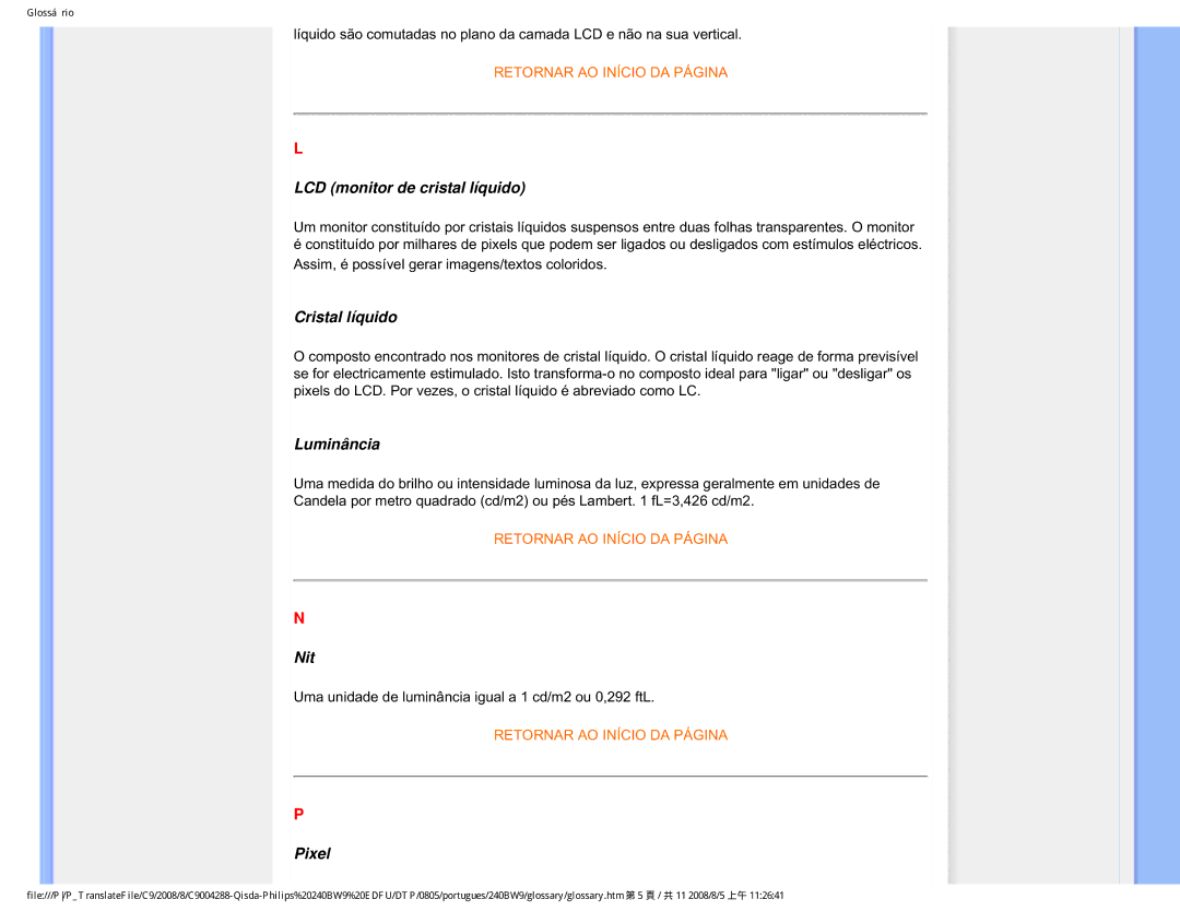 Philips 240BW9 user manual Nit 