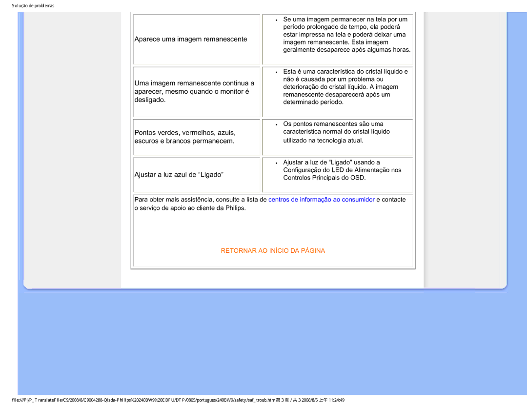 Philips 240BW9 user manual Retornar AO Início DA Página 