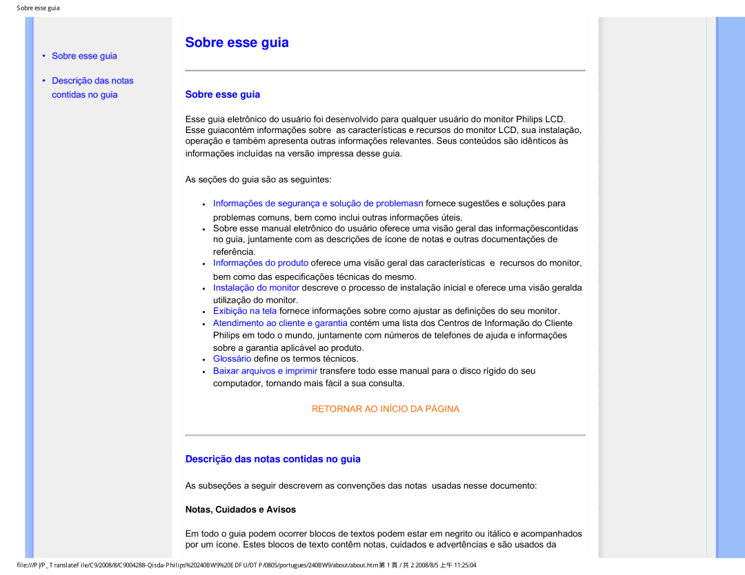 Philips 240BW9 user manual Sobre esse guia, Descrição das notas contidas no guia 