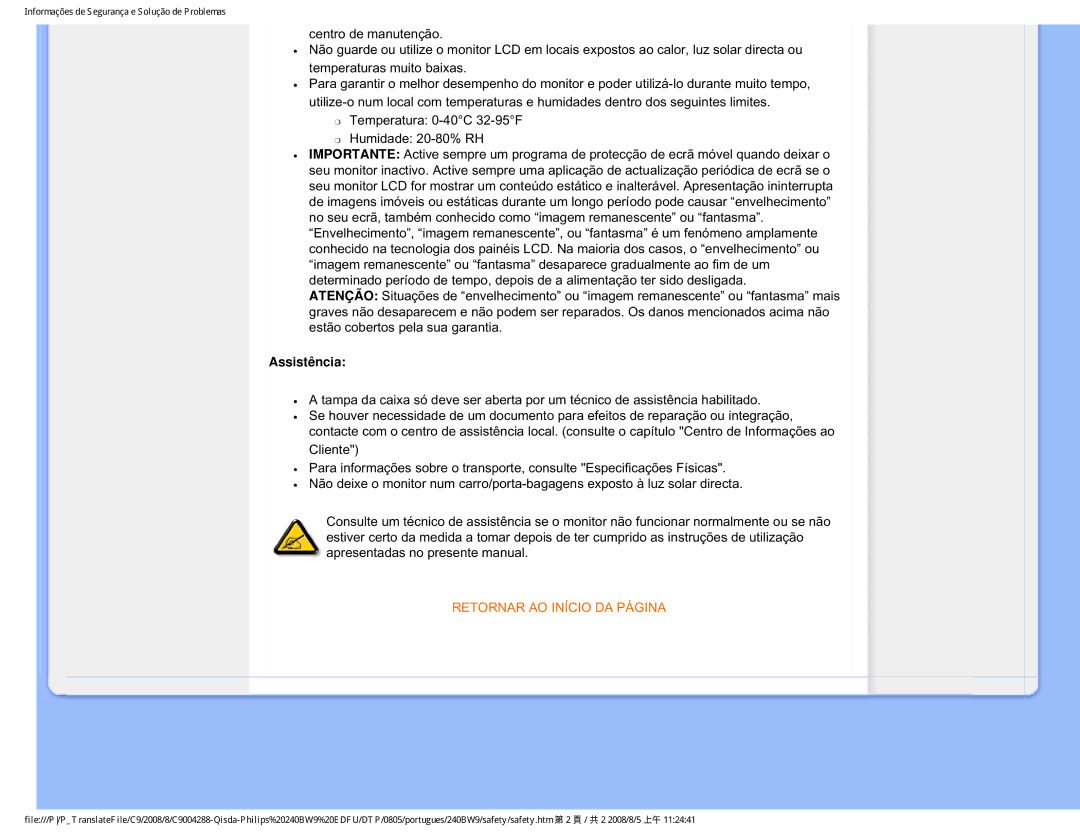Philips 240BW9 user manual Assistência 