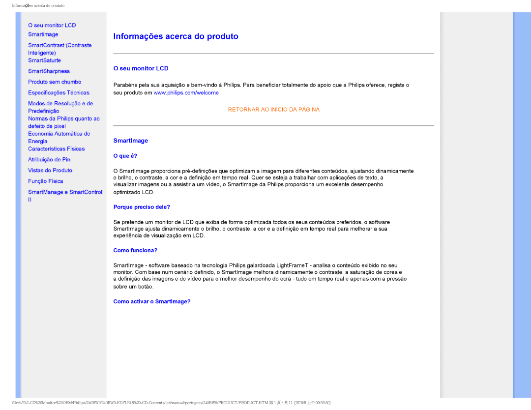 Philips 240BW9 user manual Seu monitor LCD, SmartImage 