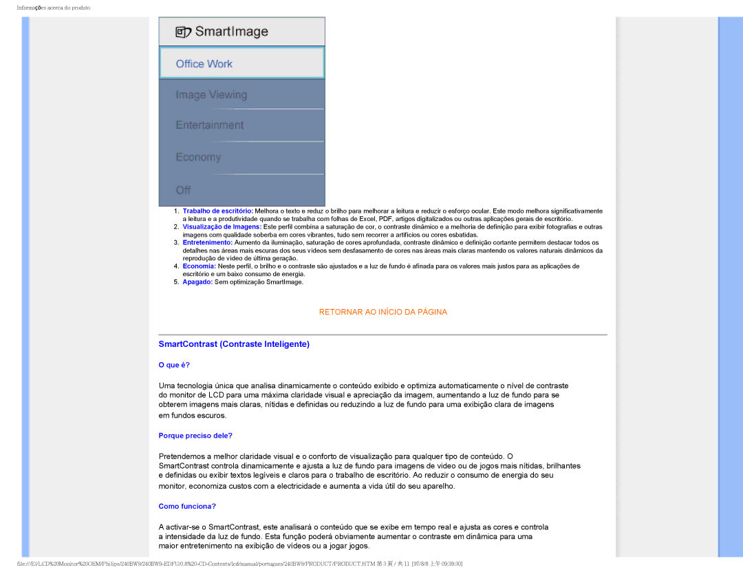 Philips 240BW9 user manual SmartContrast Contraste Inteligente 
