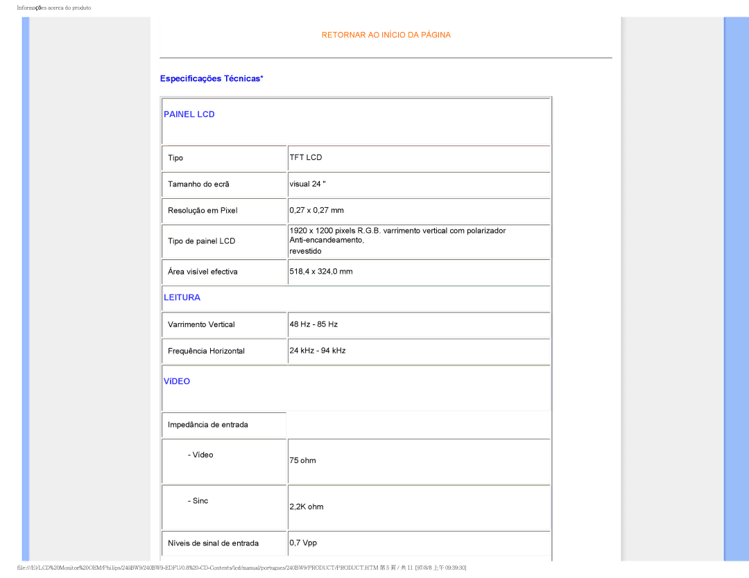 Philips 240BW9 user manual Especificações Técnicas, Leitura 