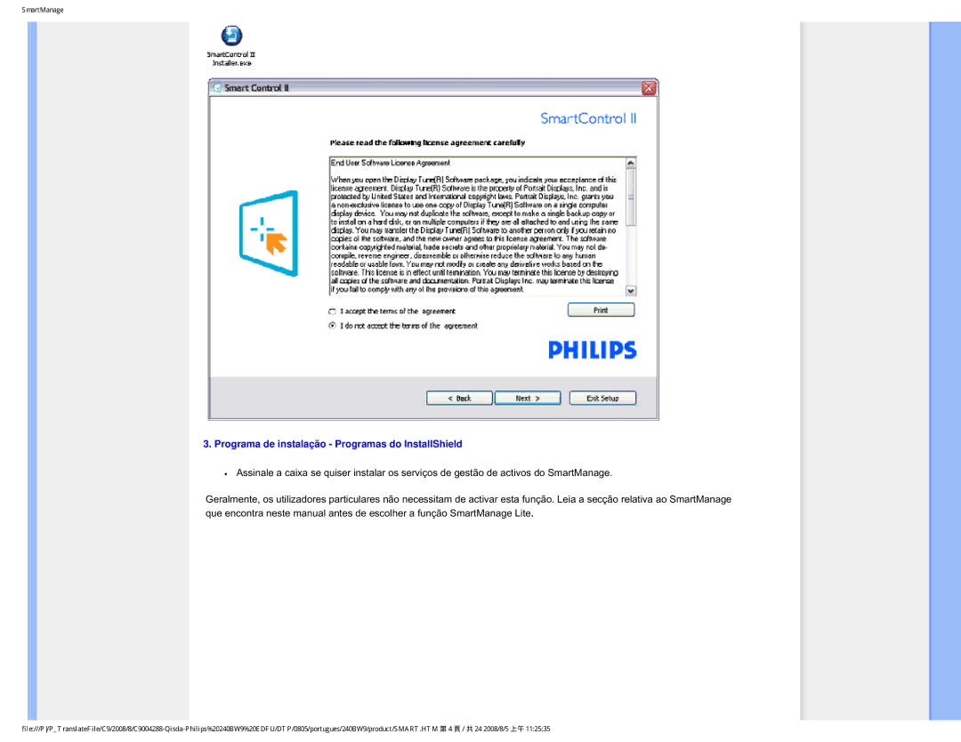 Philips 240BW9 user manual Programa de instalação Programas do InstallShield 