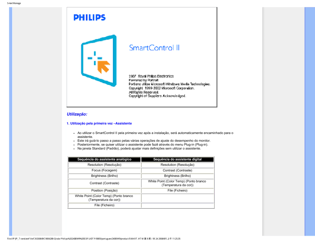 Philips 240BW9 user manual Utilização pela primeira vez -Assistente 