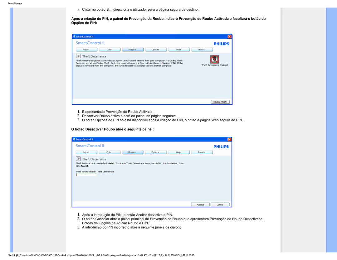 Philips 240BW9 user manual Botão Desactivar Roubo abre o seguinte painel 