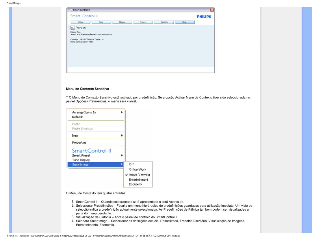 Philips 240BW9 user manual Menu de Contexto Sensitivo 