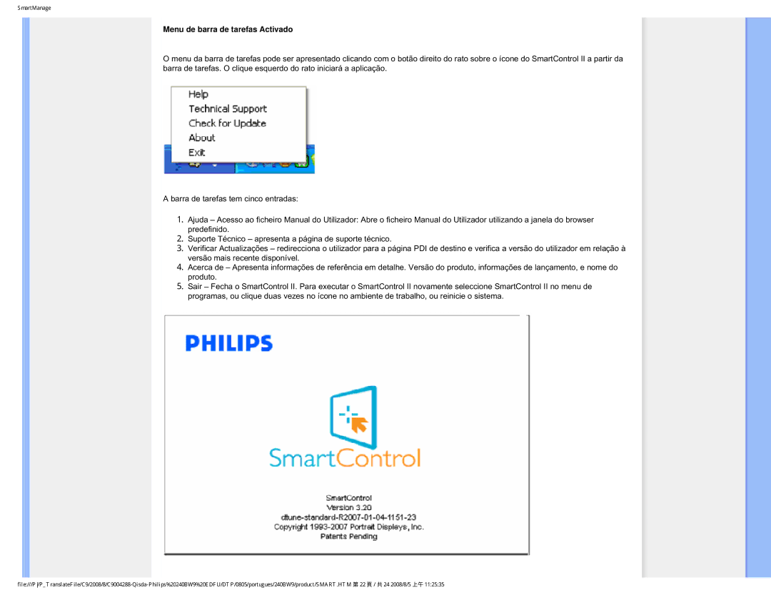 Philips 240BW9 user manual Menu de barra de tarefas Activado 